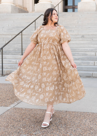Short sleeve light mocha embroidered dress in plus size