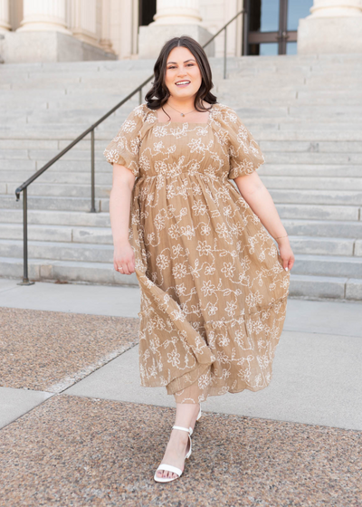 Light mocha embroidered dress in plus size