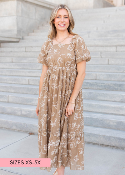 Light mocha embroidered dress with square neck