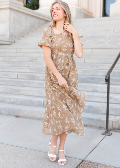 Light mocha embroidered dress with tiered skirt