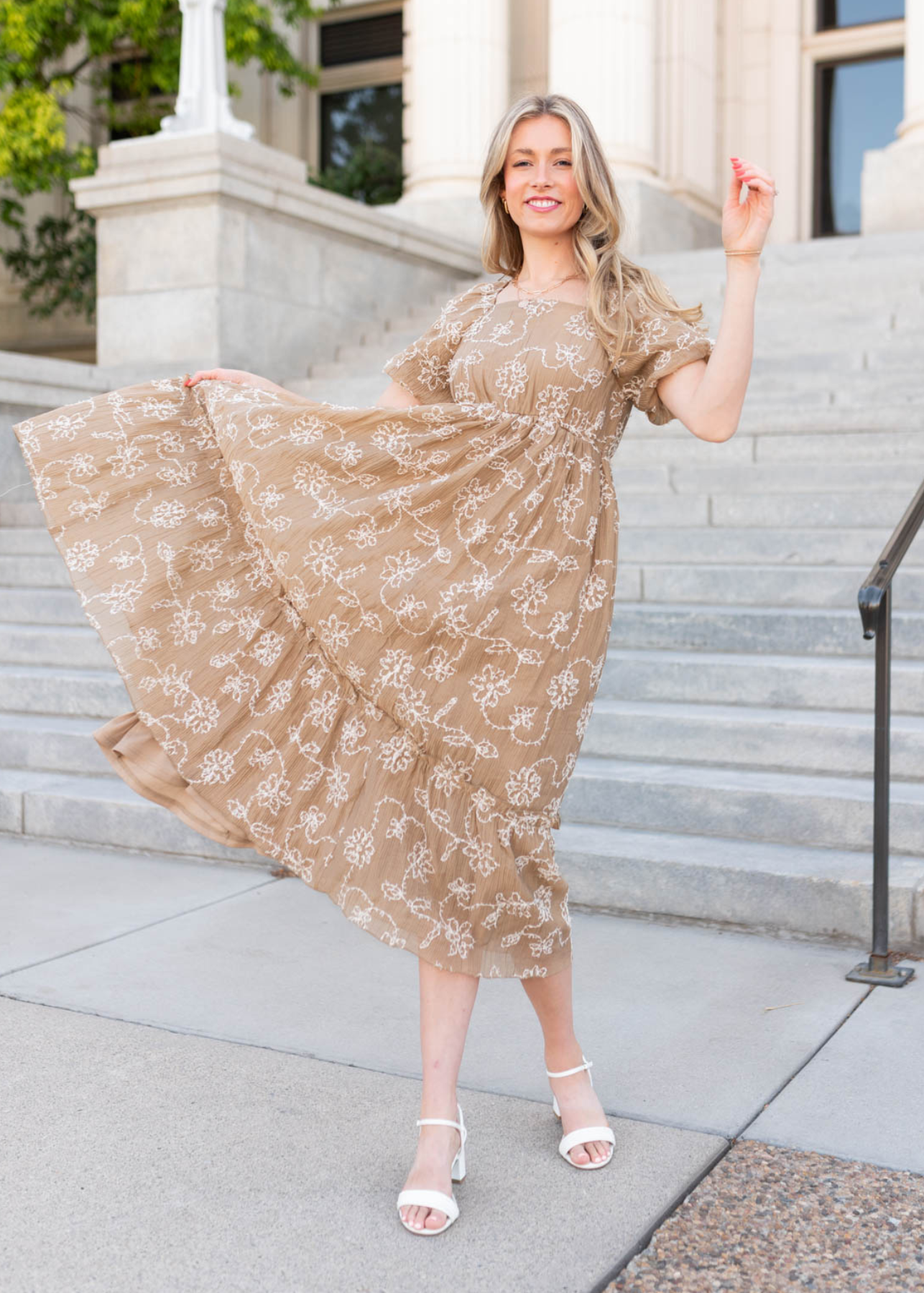 Light mocha embroidered dress with short sleeves