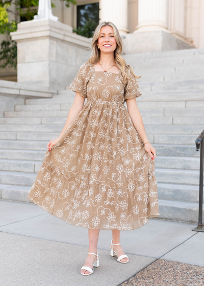 Short sleeve light mocha embroidered dress
