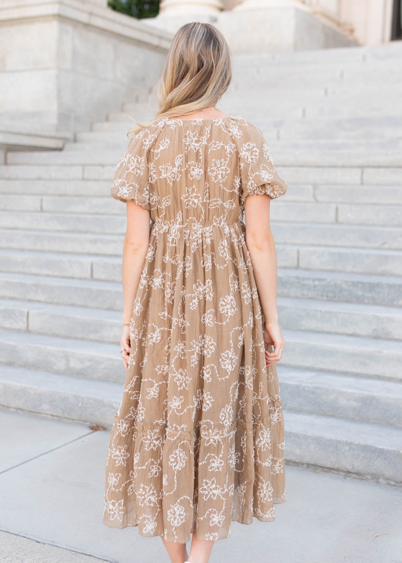 Back view of the light mocha embroidered dress