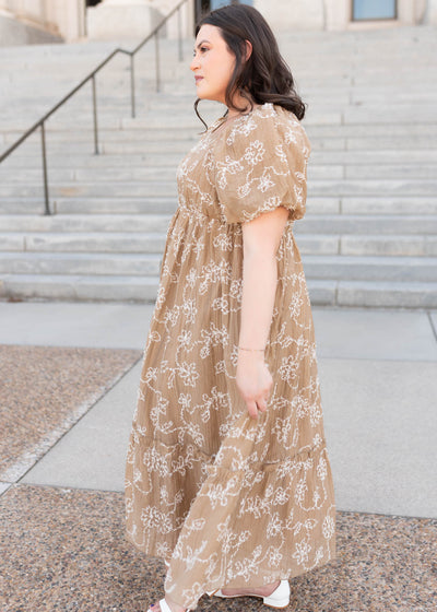 Side view of the light mocha embroidered dress in plus size