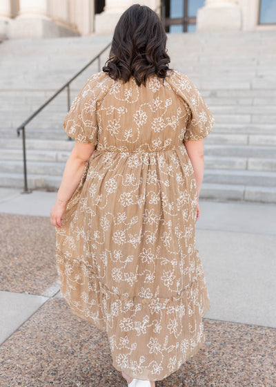 Back view of the light mocha embroidered dress in plus size