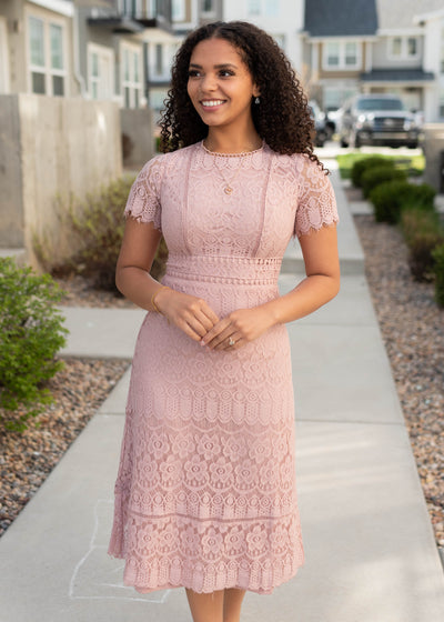 Short sleeve dusty pink lace dress