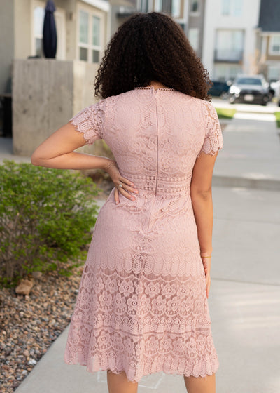 Back view of the dusty pink lace dress