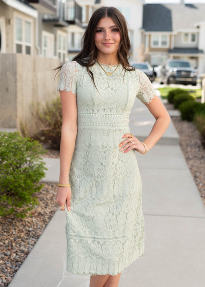 LIght sage lace dress with a zip up back