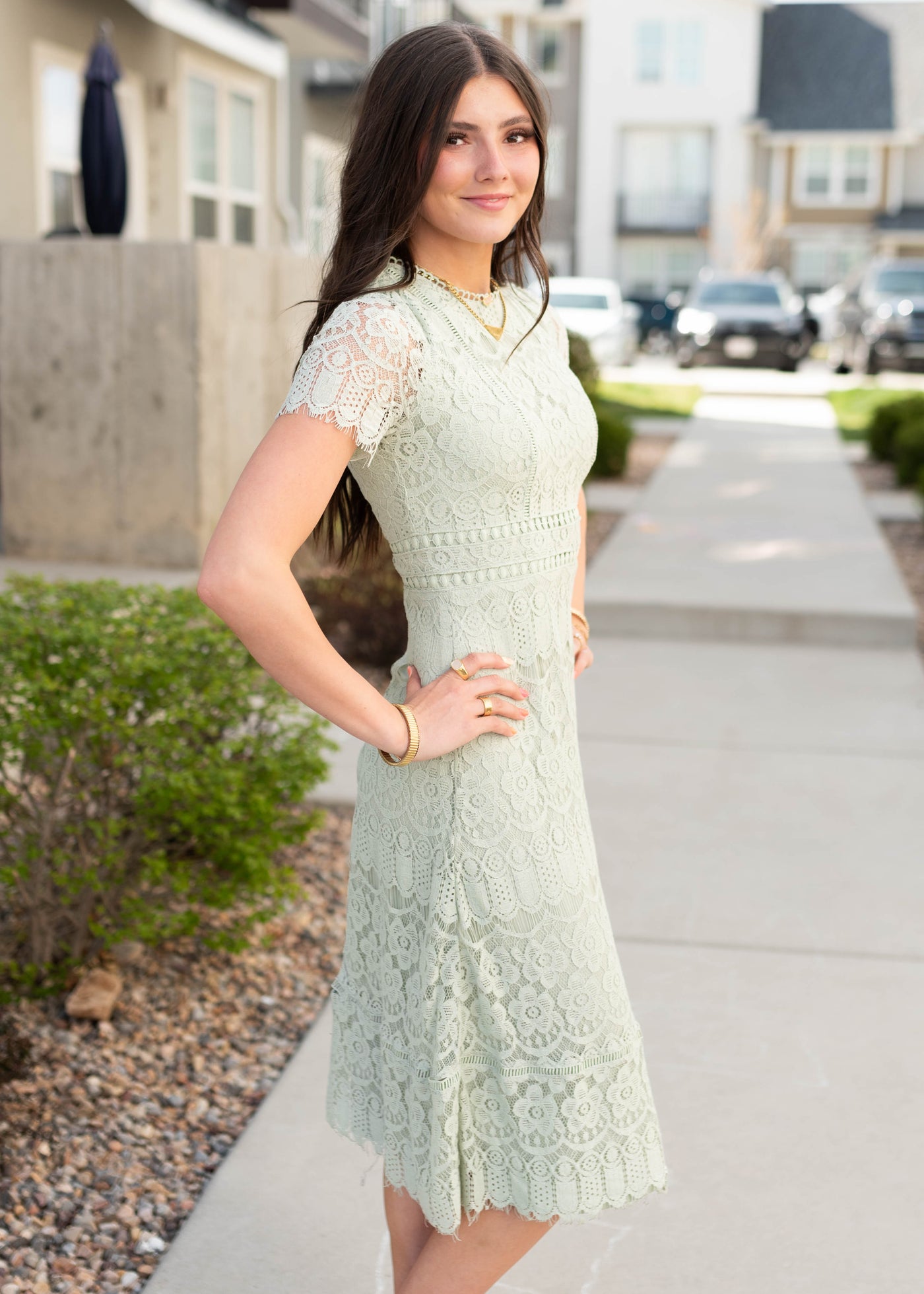 Zip up back of the light sage lace dress