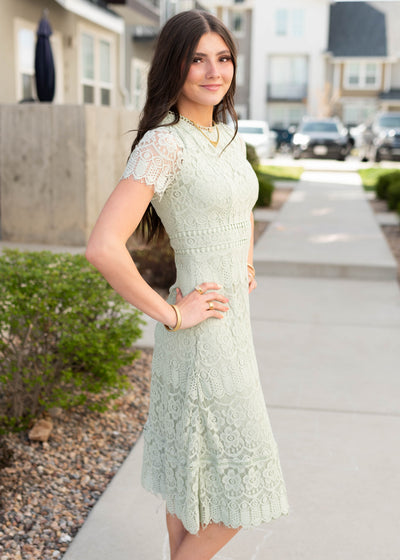 Zip up back of the light sage lace dress