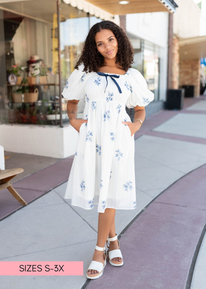 Eve Blue Floral Smocked Midi Dress - Navy Ribbon Bow, Puff Sleeves
