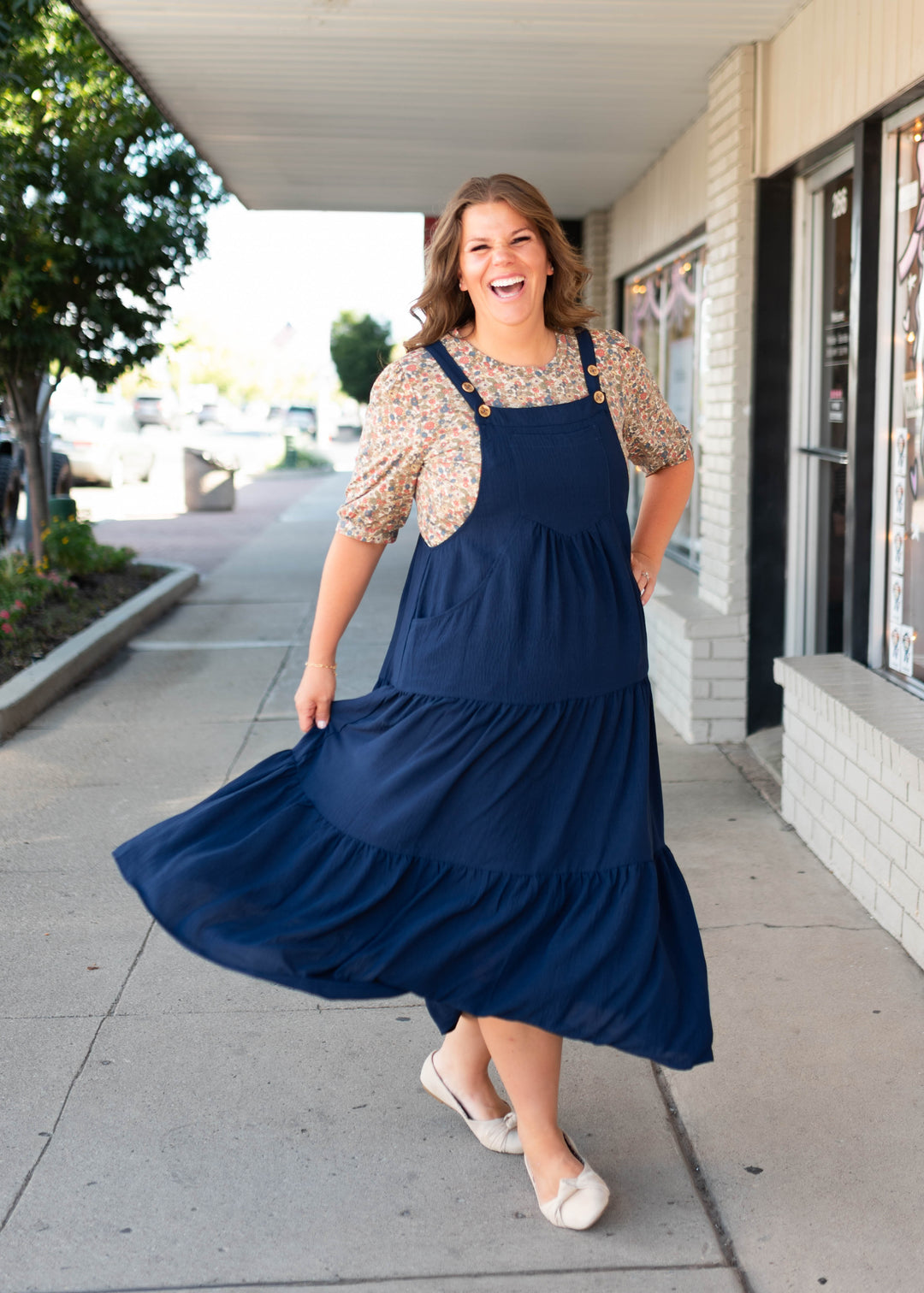 Everlee Navy Tiered Overall Dress | Lena Layne