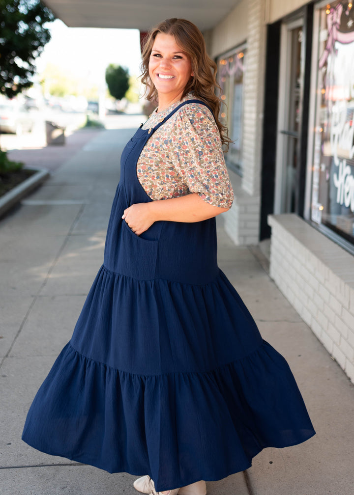 Everlee Navy Tiered Overall Dress | Lena Layne