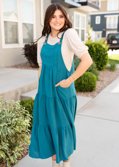 Modest teal overall dress with pockets