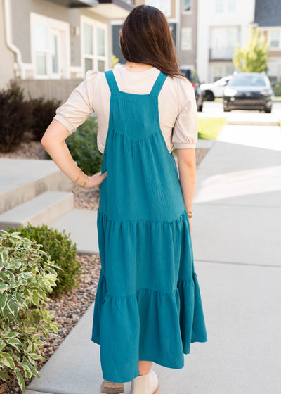 Back view of the teal overall dress