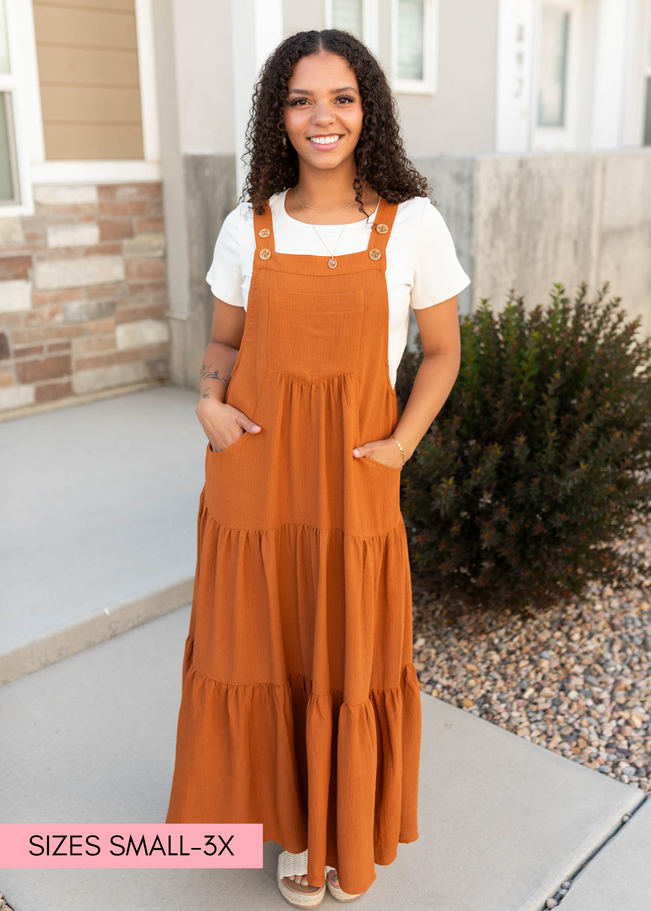 Toffee overall dress in sizes small to 3x at Lena Layne