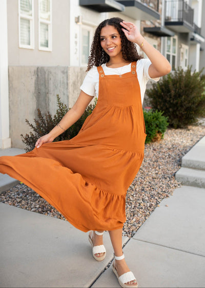 Modest toffee overall dress with a front pocket