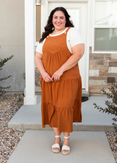 Modest toffee overall dress in sizes 1x to 3x at Lena Layne