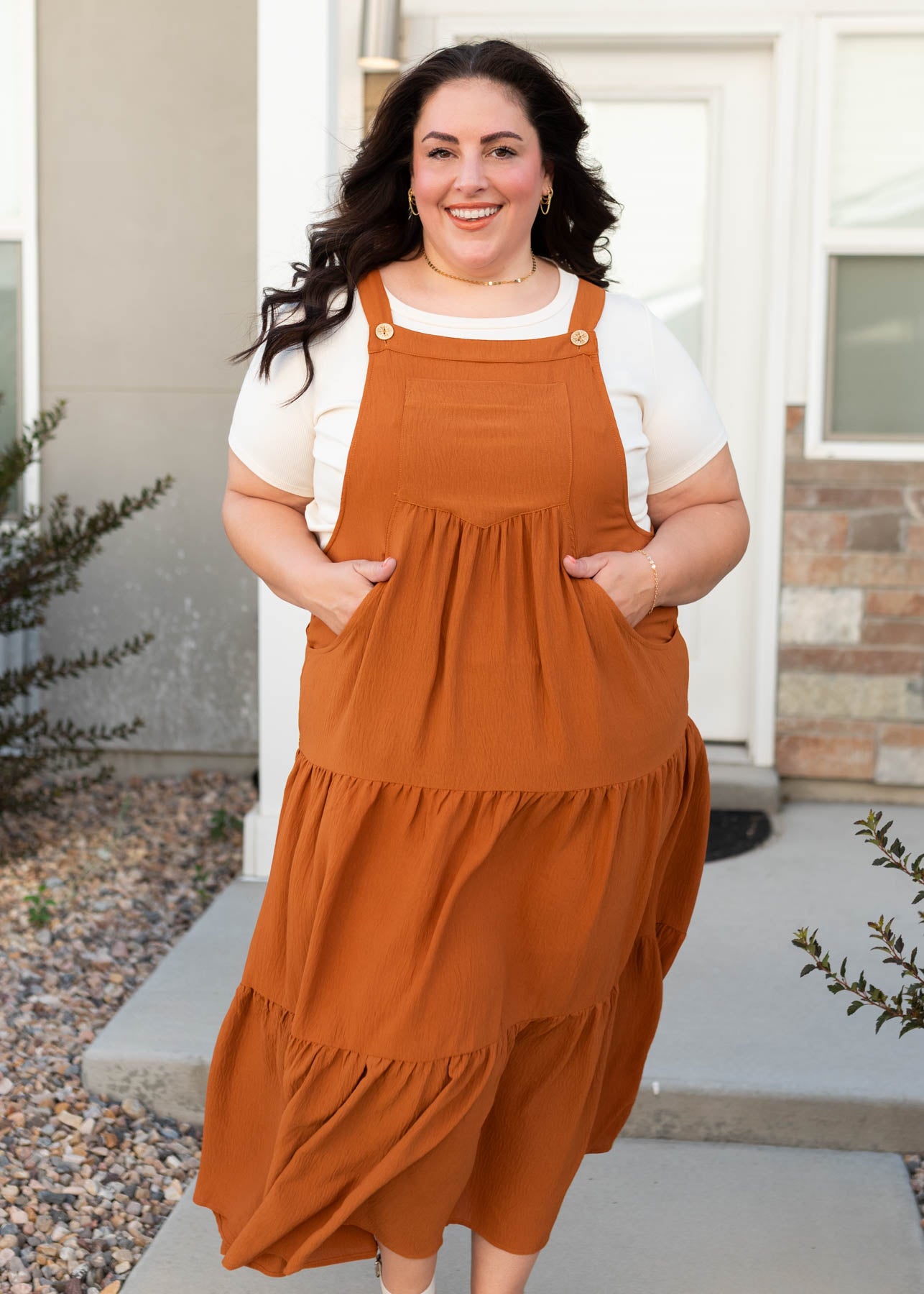 Plus size modest toffee overall dress with front pockets