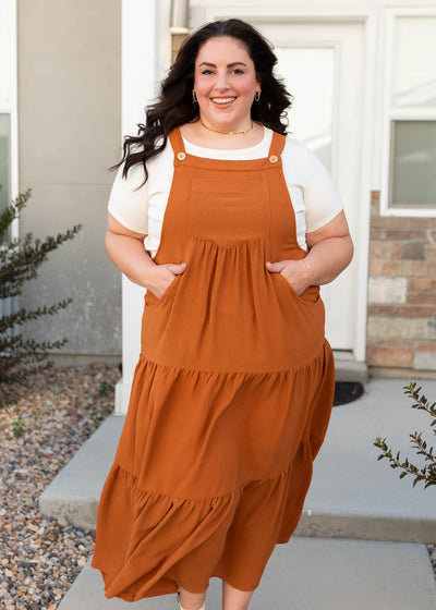 Plus size modest toffee overall dress with front pockets