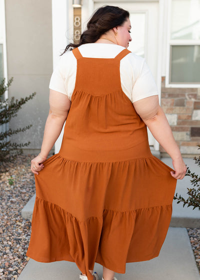 Back view of the plus size toffee overall dress in plus size