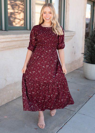Smocked bodice on modest burgundy floral dress