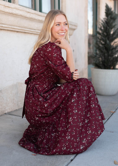 Modest burgundy floral dress by Lena & Lou