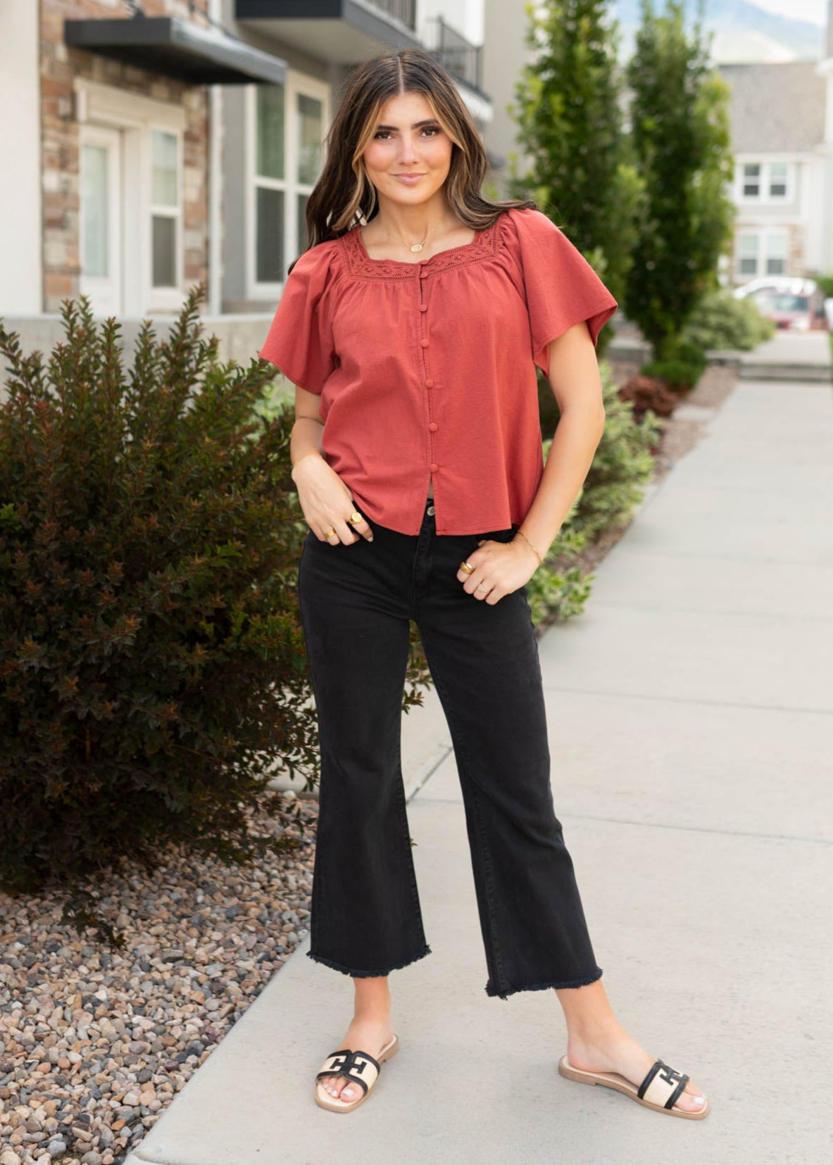 Button up terracotta square neck top at Lena Layne