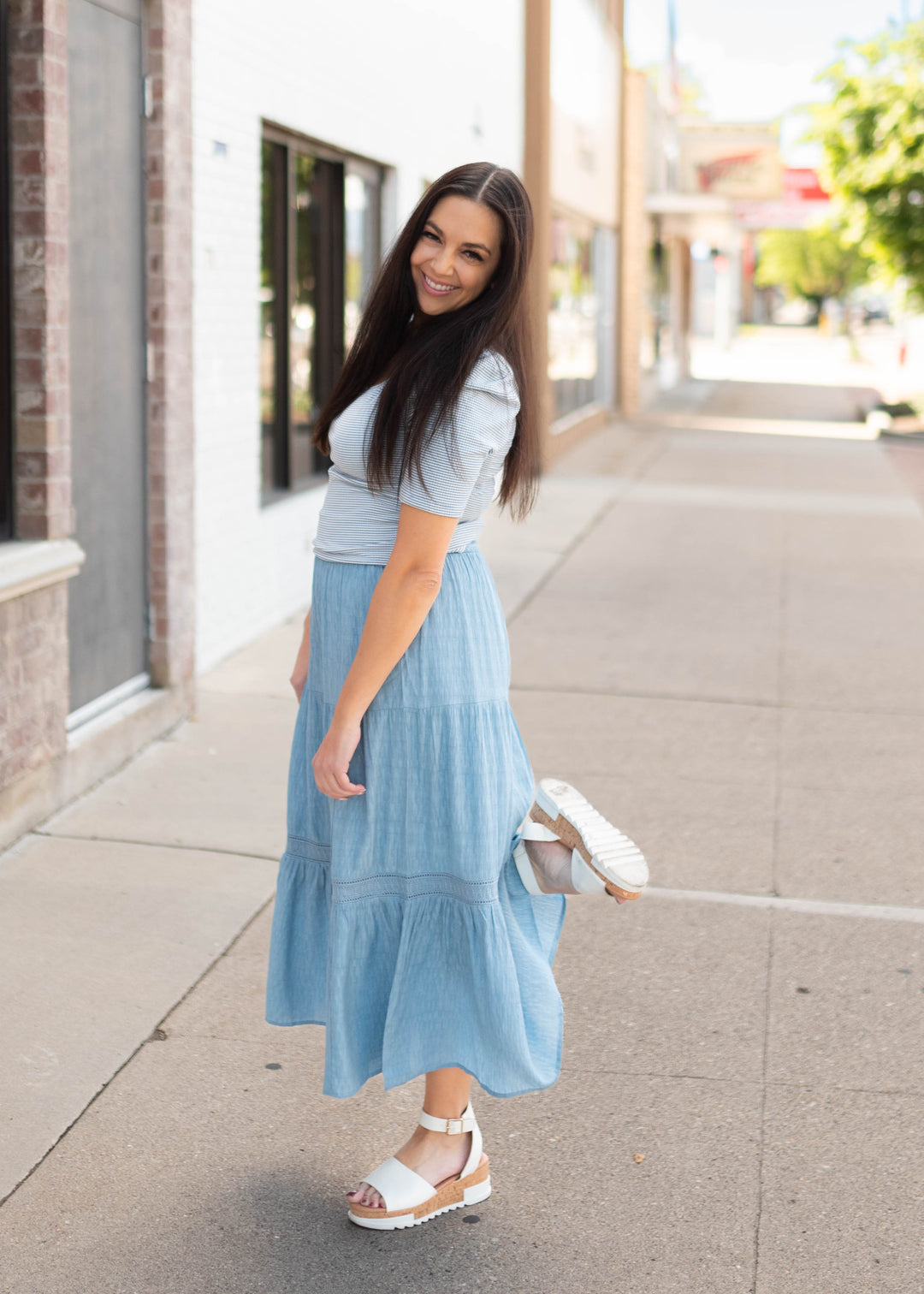 Evie Light Denim Tiered Midi Skirt - Lace Trim Between Tiers