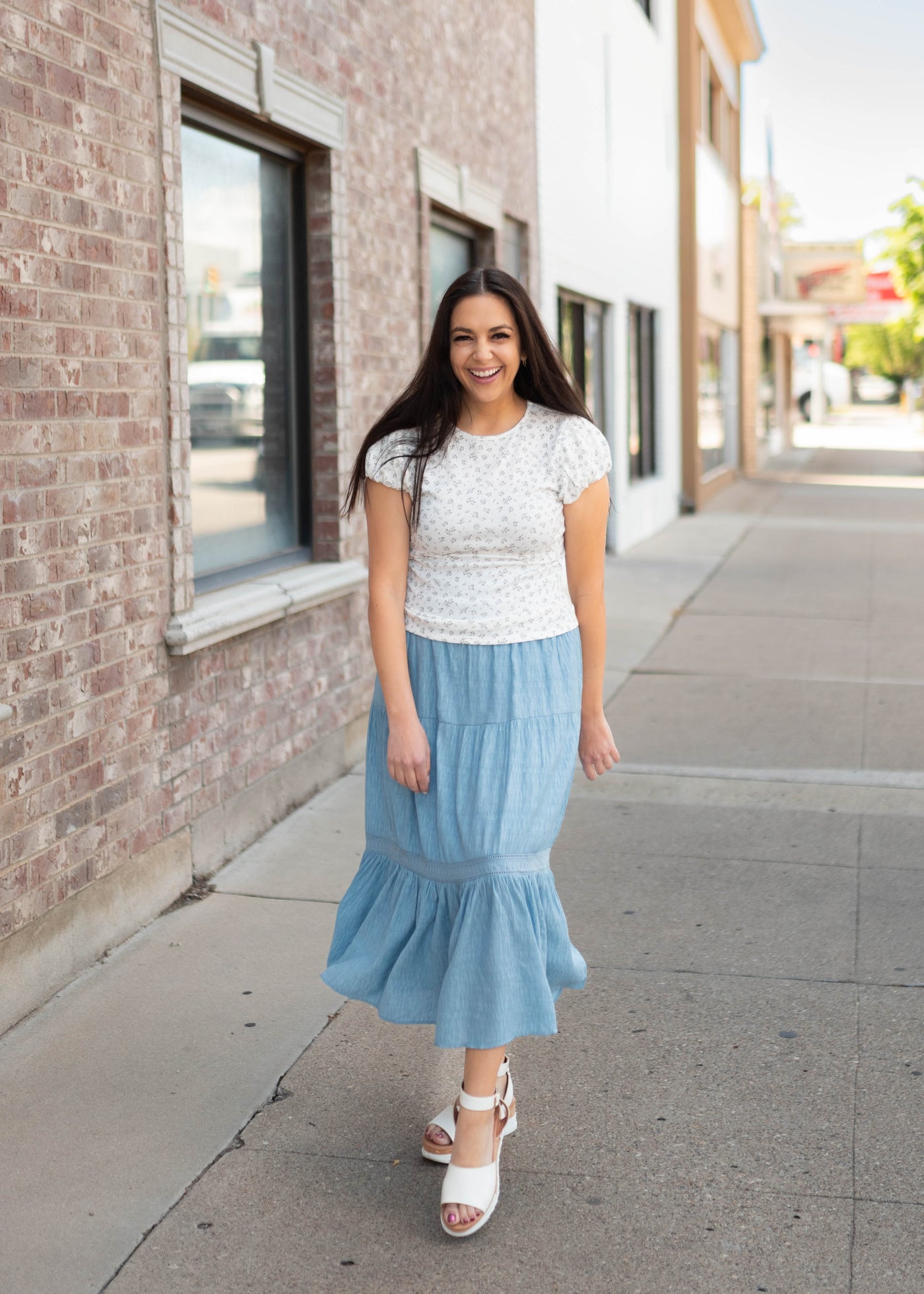 Evie Light Denim Tiered Midi Skirt - Lace Trim Between Tiers