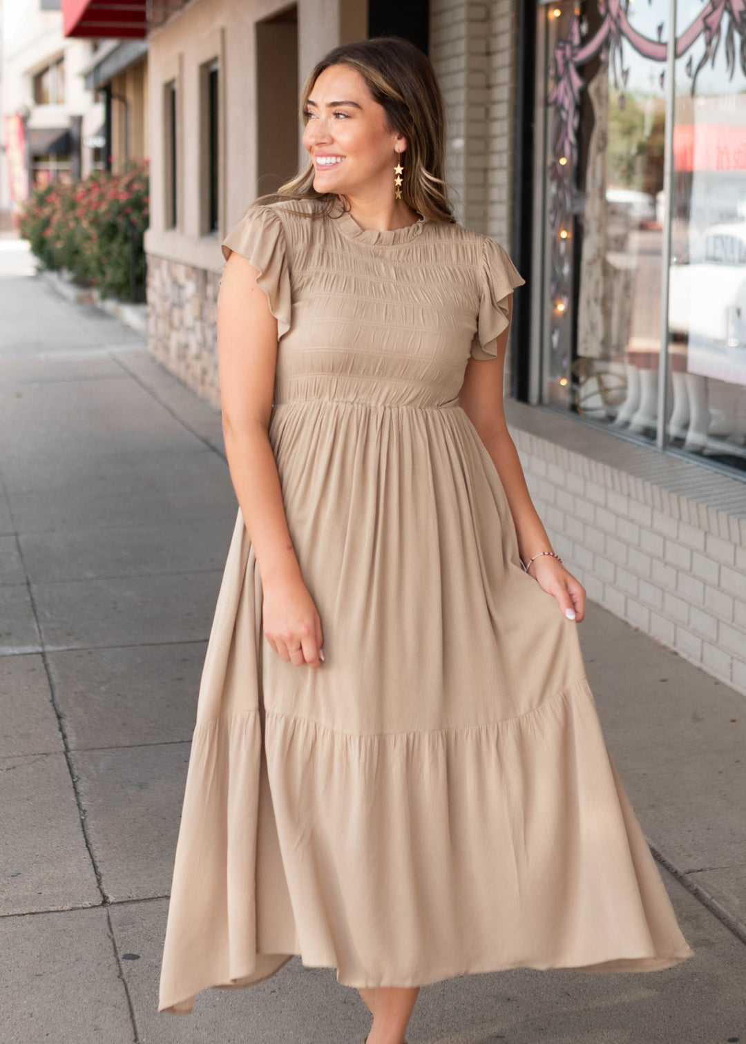 Faith Taupe Smocked Flutter Sleeve Maxi Dress – Lena Layne