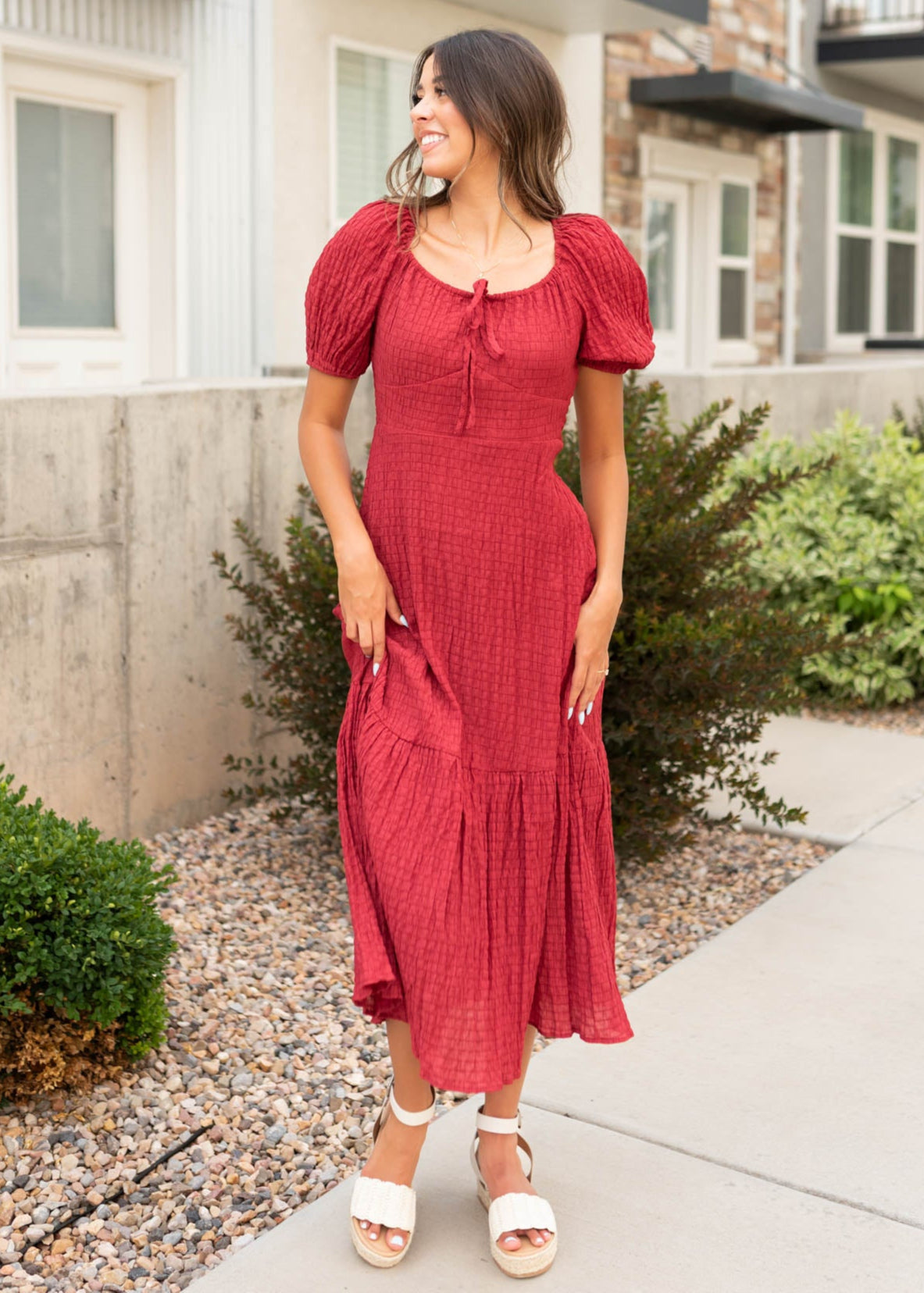 Modest burgundy textured dress with short sleeves