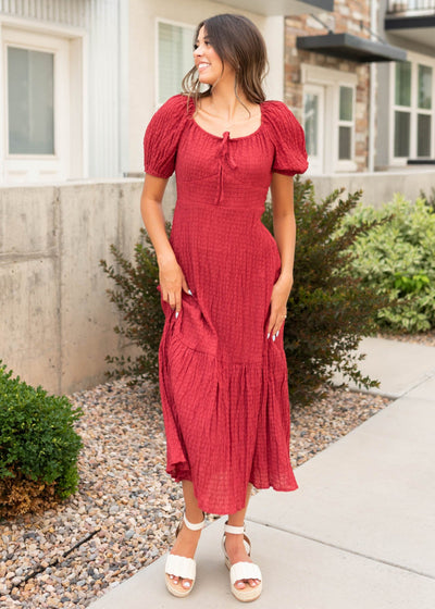 Modest burgundy textured dress with short sleeves