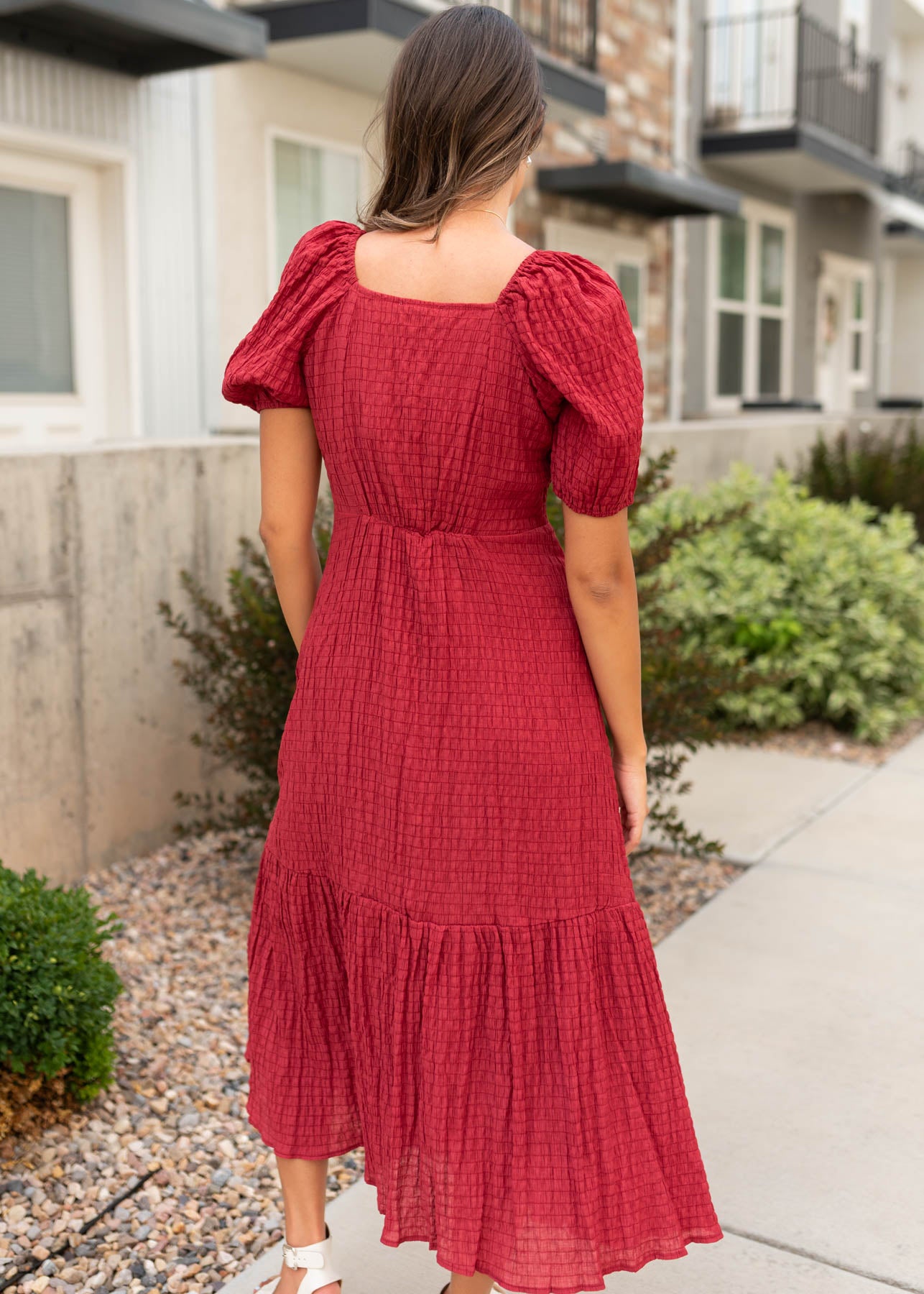 Back view of the modest burgundy textured dress