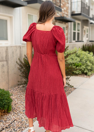Back view of the modest burgundy textured dress