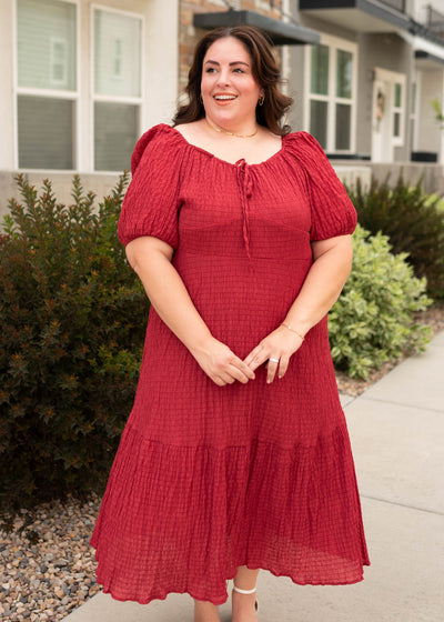 Plus size modest burgundy textured dress