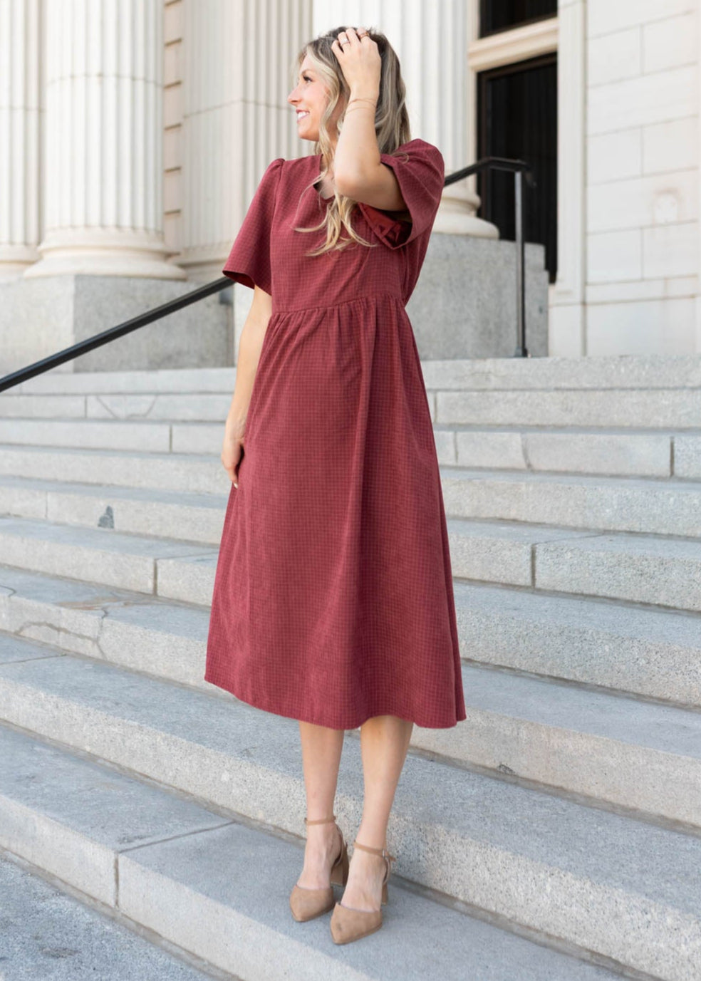 Dusty maroon dress in sizes small to x-large