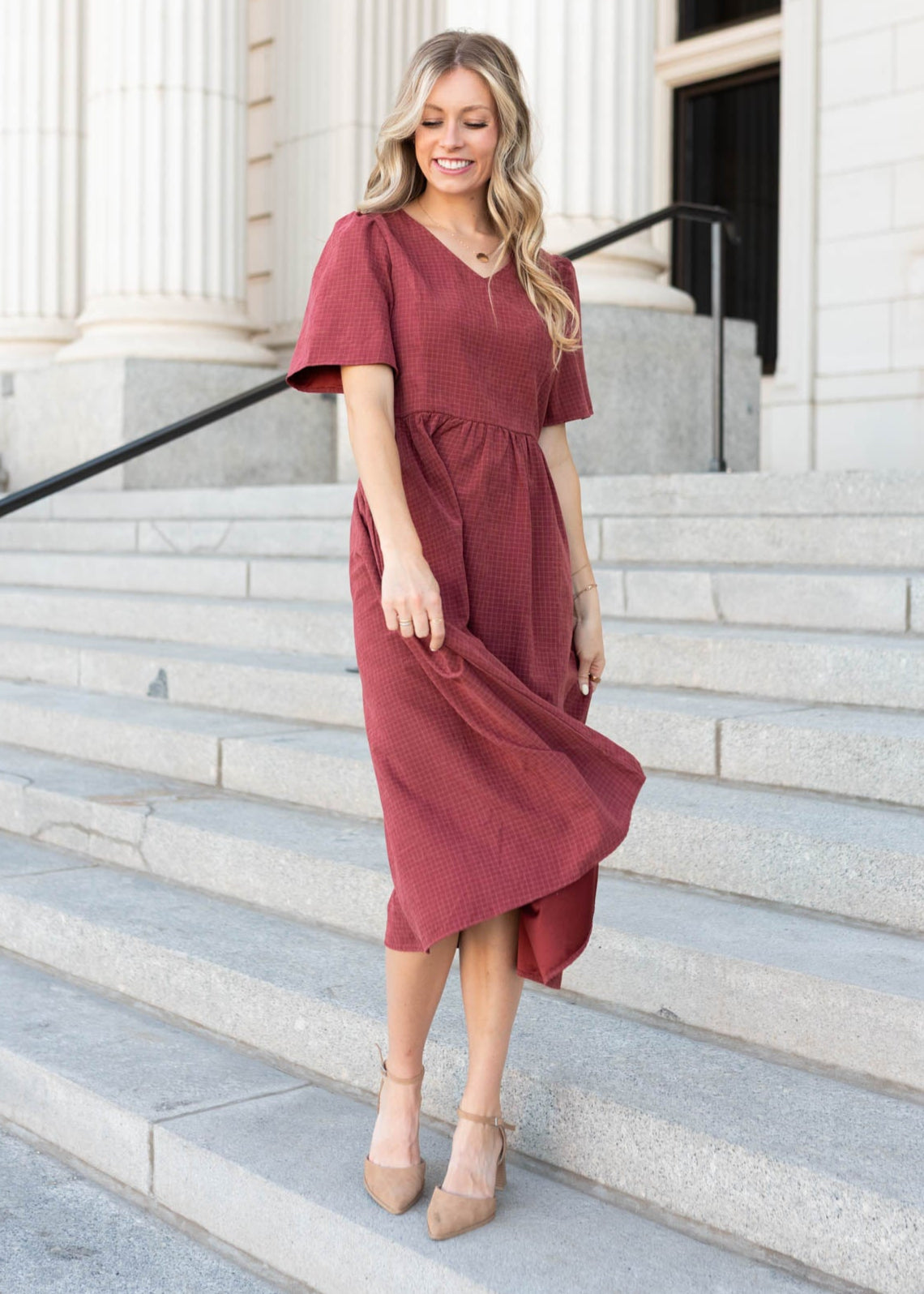 Dusty maroon dress at lena layne with short sleeves and vneck