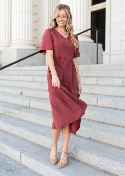 Dusty maroon dress at lena layne with short sleeves and vneck