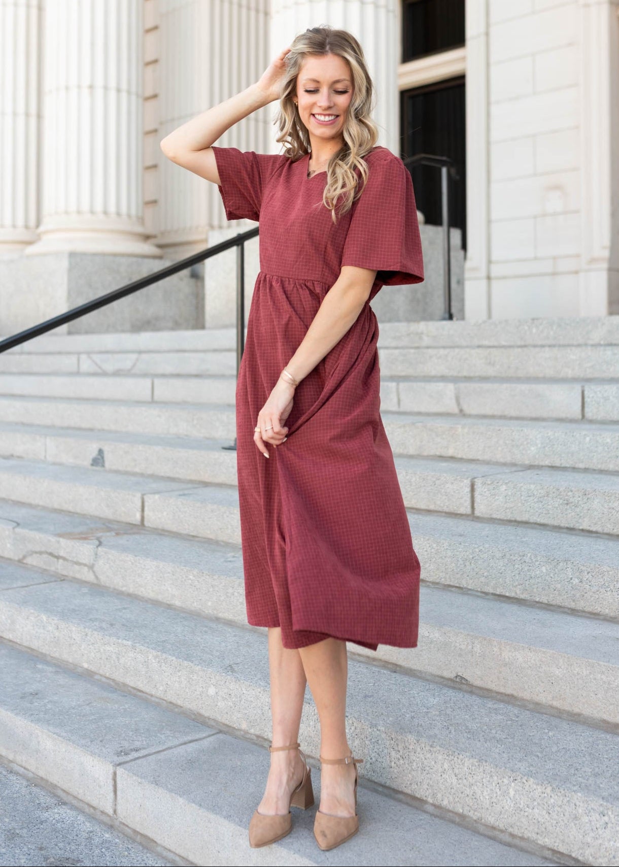 Modest dusty maroon dress at Lena Layne