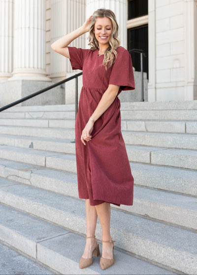 Modest dusty maroon dress at Lena Layne