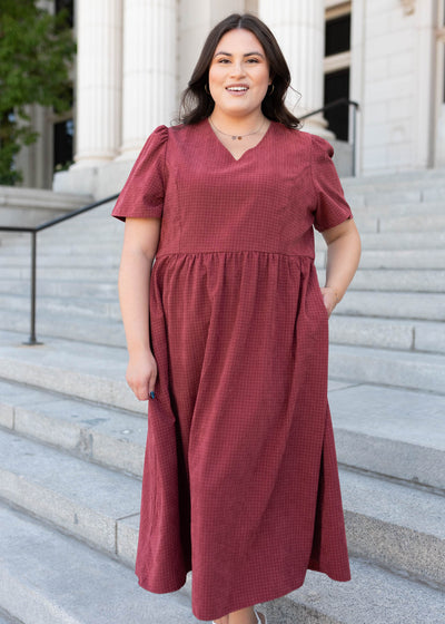 Short sleeve modest dusty maroon dress in plus size