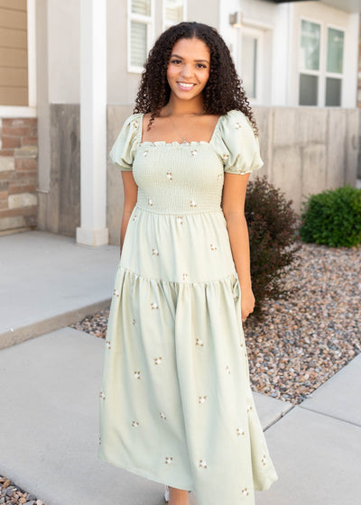 Short sleeve olive puff sleeve dress