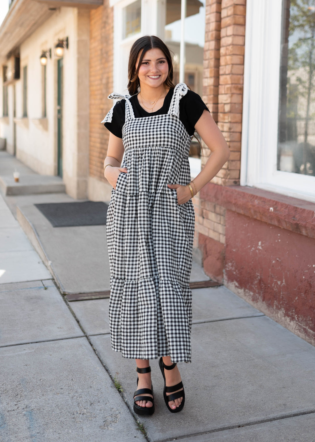 Florence Black Gingham Dress - Lace Strap Trim, Smocked Back