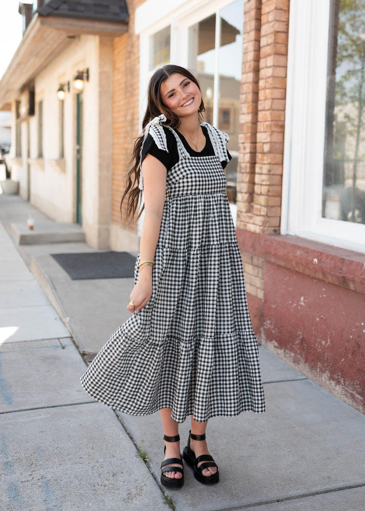 Florence Black Gingham Dress - Lace Strap Trim, Smocked Back