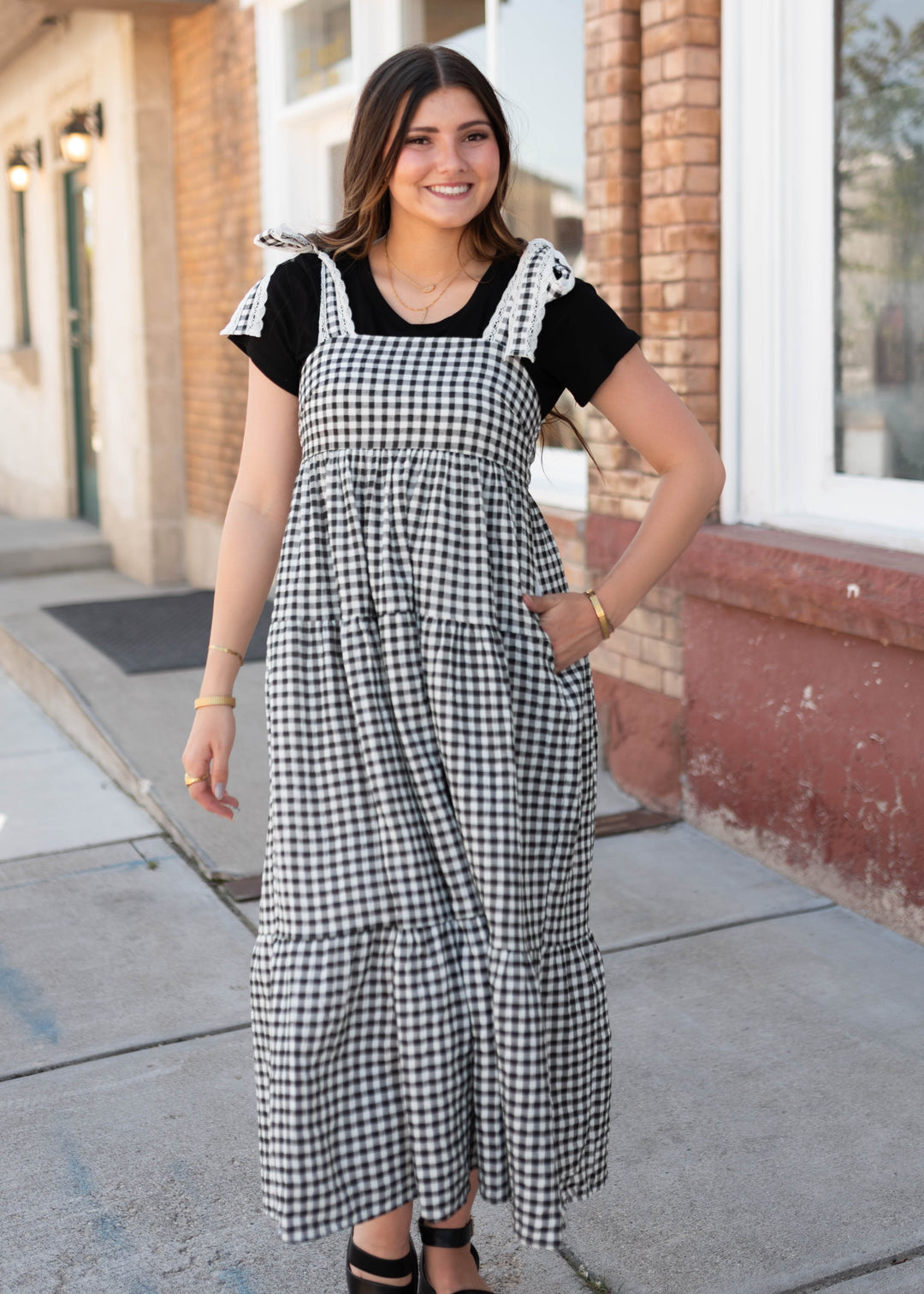 Raspail/ラスパイユ】 Smock Dress Florence Black Gingham Dress - Lace Strap Trim, Smocked Back