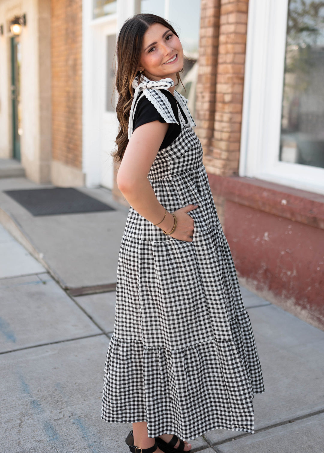 Florence Black Gingham Dress - Lace Strap Trim, Smocked Back