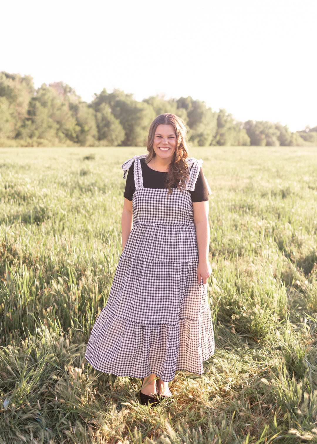 Florence Black Gingham Dress - Lace Strap Trim, Smocked Back