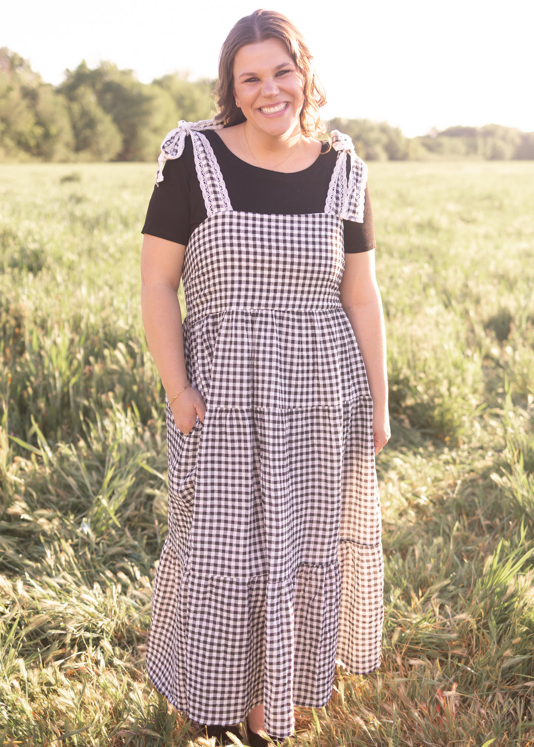 Florence Black Gingham Dress - Lace Strap Trim, Smocked Back