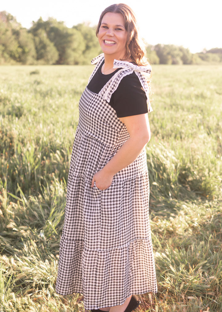 Florence Black Gingham Dress - Lace Strap Trim, Smocked Back